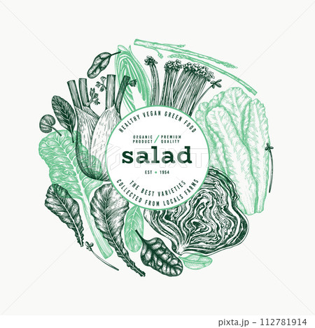 Green Vegetable Design Template. Vector Hand Drawn Healthy Leaf Salad Banner. Vintage Style Menu Illustration. 112781914