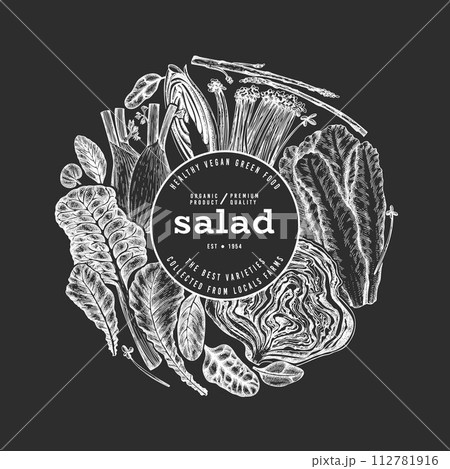 Green Vegetable Design Template. Vector Hand Drawn Healthy Leaf Salad Banner. Vintage Style Menu IllustrationOn Chalk Board. 112781916