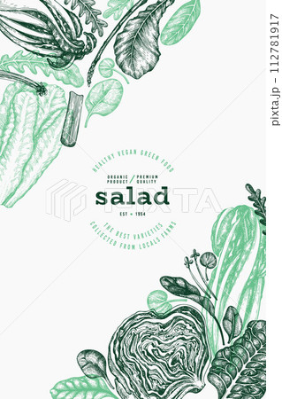 Green Vegetable Design Template. Vector Hand Drawn Healthy Leaf Salad Banner. Vintage Style Menu Illustration. Green Vegetable Design Template. Vector Hand Drawn Healthy Leaf Salad Banner. Vintage Style Menu Illustration. 112781917