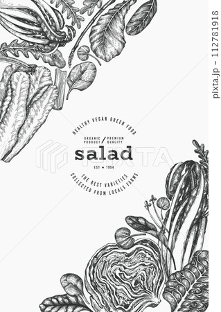 Green Vegetable Design Template. Vector Hand Drawn Healthy Leaf Salad Banner. Vintage Style Menu Illustration. Green Vegetable Design Template. Vector Hand Drawn Healthy Leaf Salad Banner. Vintage Style Menu Illustration. 112781918