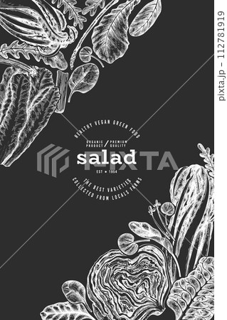 Green Vegetable Design Template. Vector Hand Drawn Healthy Leaf Salad Banner. Vintage Style Menu IllustrationOn Chalk Board. Green Vegetable Design Template. Vector Hand Drawn Healthy Leaf Salad Banner. Vintage Style Menu IllustrationOn Chalk Board. 112781919