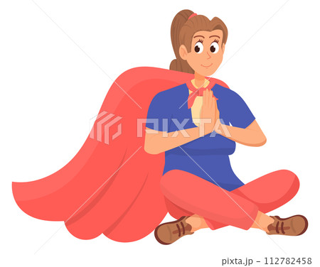 Woman in red cape sit in calm pose. Superhero character 112782458
