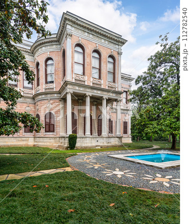Historic Ottoman 19th century Mecidiye Pavilion, located in Beykoz, Istanbul, Turkey, with a large fountain in front Historic Ottoman 19th century Mecidiye Pavilion, located in Beykoz, Istanbul, Turkey, with a large fountain in front 112782540