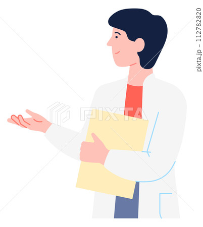 Scientist color character. Man in lab coat hold document 112782820