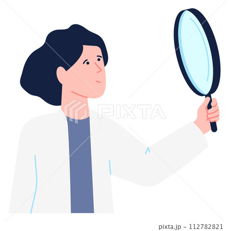 Female scientist with magnifying glass. Lab research icon 112782821