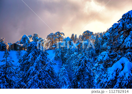 Winter landscape with a mountain house in the snow. Troodos, Cyprus Winter landscape with a mountain house in the snow. Troodos, Cyprus 112782914