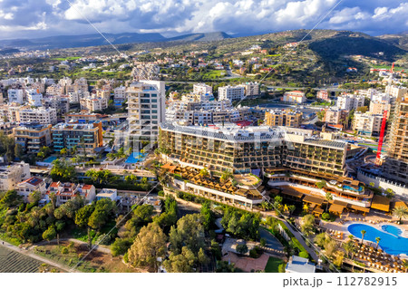 Elevated city view with hotels and residential buildings. Limassol, Cyprus Elevated city view with hotels and residential buildings. Limassol, Cyprus 112782915