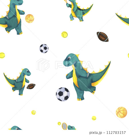 Cute Baby watercolour sport Dinosaur seamless pattern with american football ball, soccer, tennis. Sports equipment. Hand drawn illustration blue green and yellow isolated on white 112783157