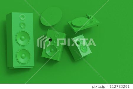 Set of Hi-fi speakers and DJ turntable for sound recording studio on monochrome 112783291