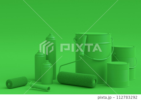 Set of metal and plastic buckets, spray paint, paint roller and brush Set of metal and plastic buckets, spray paint, paint roller and brush 112783292