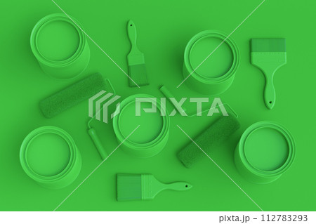 Set of metal and plastic buckets, paint roller and brush on monochrome Set of metal and plastic buckets, paint roller and brush on monochrome 112783293