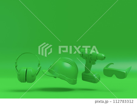 Flying view of monochrome construction tools for repair on multicolor background Flying view of monochrome construction tools for repair on multicolor background 112783312