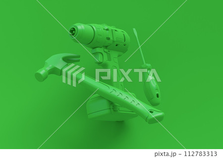 Flying view of monochrome construction tools for repair on multicolor background Flying view of monochrome construction tools for repair on multicolor background 112783313