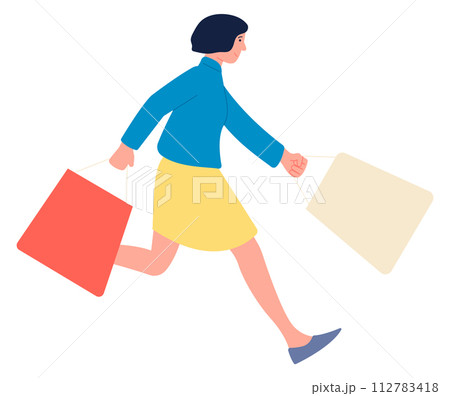 Woman running with shopping bags. Sale shopaholic character Woman running with shopping bags. Sale shopaholic character 112783418