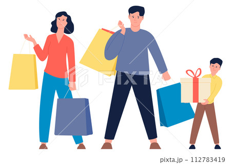 Happy family shopping together. Customers with paper bags Happy family shopping together. Customers with paper bags 112783419