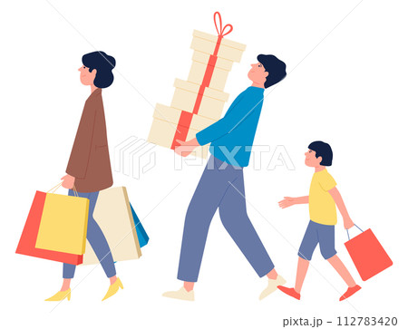 Holiday sale shopping. Parents and son carrying bags and gift boxes Holiday sale shopping. Parents and son carrying bags and gift boxes 112783420