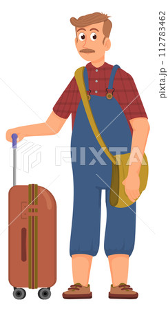 Man with travel bags on vacation trip. Cartoon character 112783462