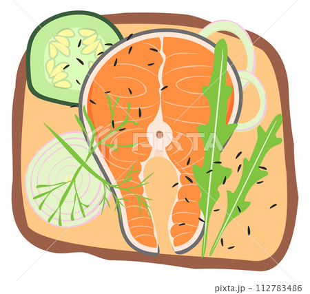 Fish and vegetables on bread toast top view. Healthy meal 112783486