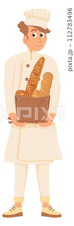 Man hold fresh bread. Cartoon chef character Man hold fresh bread. Cartoon chef character 112783496