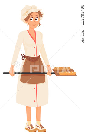 Woman baking bread. Professional chef cartoon character 112783499