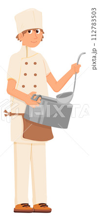 Chef cooking soup in big pot. Cartoon character Chef cooking soup in big pot. Cartoon character 112783503