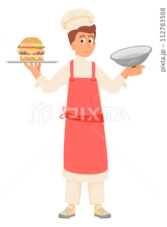 Professional chef with serving tray. Burger cooking character 112783508