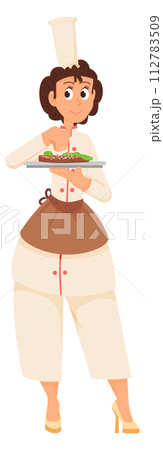Woman chef seasoning dish. Cartoon cooking character 112783509