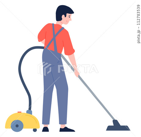 Man vacuum cleaning floor dust. Household work 112783539