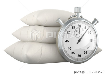 Heap of pillows with stopwatch, 3D rendering 112783578