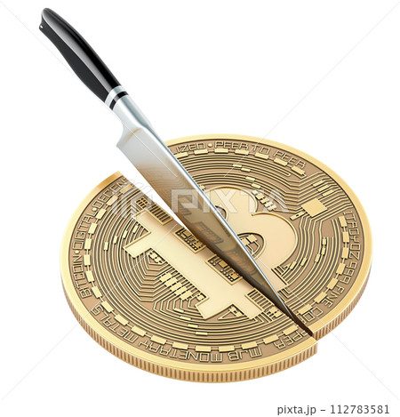 Bitcoin halving, concept. Knife cuts bitcoin in half, 3D rendering 112783581