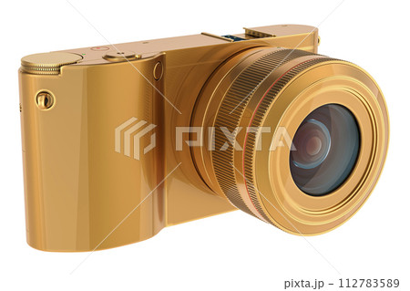 Golden mirrorless digital camera, 3D rendering 112783589