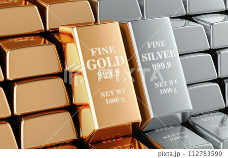Backdrop from gold and silver ingots, 3D rendering 112783590