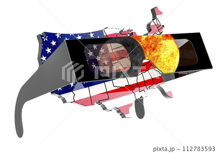 The United States map with solar eclipse glasses. Solar Eclipse in the USA, concept. 3D rendering 112783593