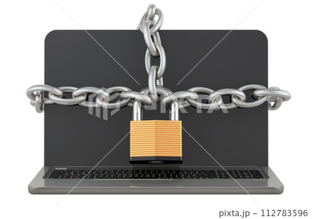 Laptop computer with chain and padlock. Security and protection concept, 3D rendering 112783596