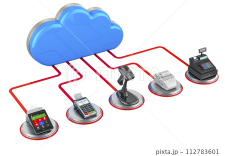 Server communication with trading, banking equipment. Computer cloud with POS Equipment. 3D rendering Server communication with trading, banking equipment. Computer cloud with POS Equipment. 3D rendering 112783601
