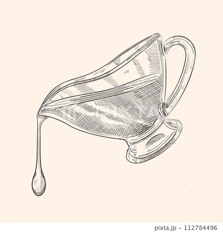 The butter pours from the sauce pan. A stream of oil, a drop of oil. Vector drawing in engraving style 112784496