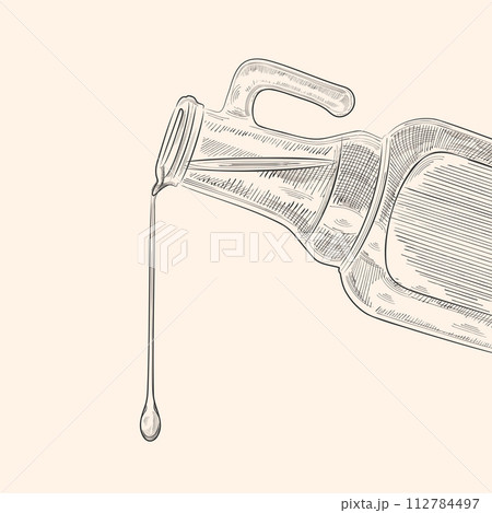 Oil pours from the bottle. Oil jet, vintage bottle. Engraving style drawing Oil pours from the bottle. Oil jet, vintage bottle. Engraving style drawing 112784497