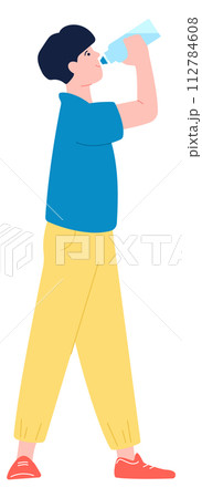 Thirsty guy character drink water from plastic bottle 112784608
