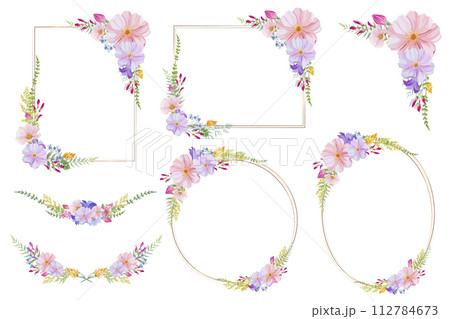 ピンクと紫、黄色の華やかな花のフレーム。丸、四角、楕円の枠。の