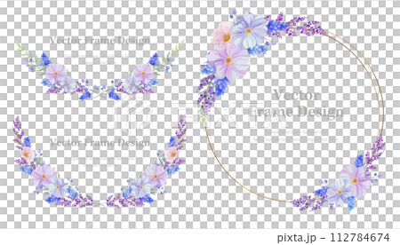 Ornate floral frame in blue, pink and purple. circular frame. text space 112784674