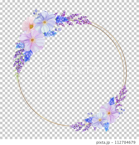 Ornate floral circular frame in blue, pink and purple. text space 112784679