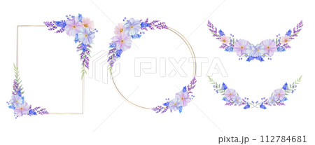 青、ピンク、紫の華やかな花のフレーム。丸、四角 　円形の枠。 112784681