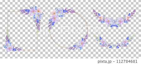 Ornate floral frame in blue, pink and purple. Round, square circular frame. 112784681