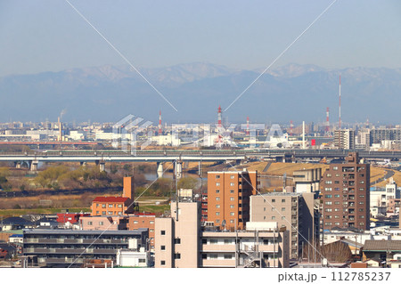 戸田橋を渡る東北新幹線を行く緑帯E2系（銀色の山形新幹線E3系つばさ併結） 112785237