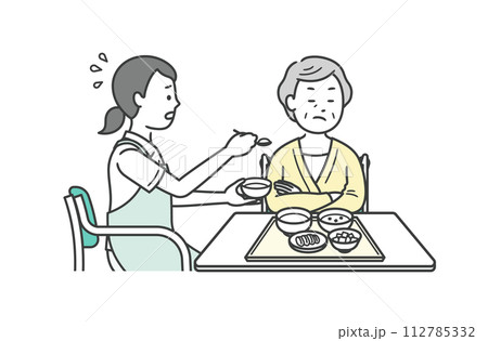 食事介助をする介護士と拒否をする高齢女性のイラスト 112785332