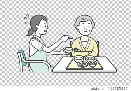 Illustration of a caregiver assisting with meals and an elderly woman refusing meals Illustration of a caregiver assisting with meals and an elderly woman refusing meals 112785332