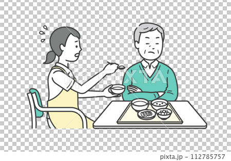Illustration of a caregiver assisting with meals and an elderly man refusing meals Illustration of a caregiver assisting with meals and an elderly man refusing meals 112785757
