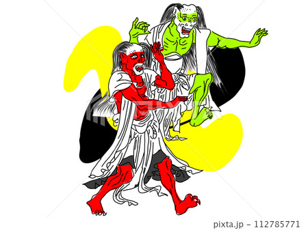 歌舞伎のようなポーズをとる赤と緑の鬼の兄弟がのイラスト素材 