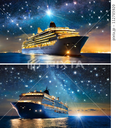 満天の星空の夜の海を進む豪華客船（2画像）｜著作権問題クリアadobeAI生成画像を編集 112785920