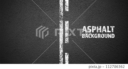 Asphalt road with white cracked lane marking, concrete highway surface, texture. Street traffic line, road dividing strip. Pattern with grainy structure, grunge stone background. Vector illustration 112786362